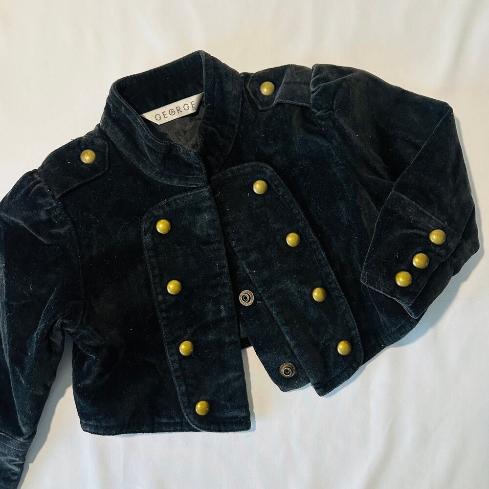 Vintage 2000s George Black Cotton Velvet Double Breasted Cropped Military Jacket